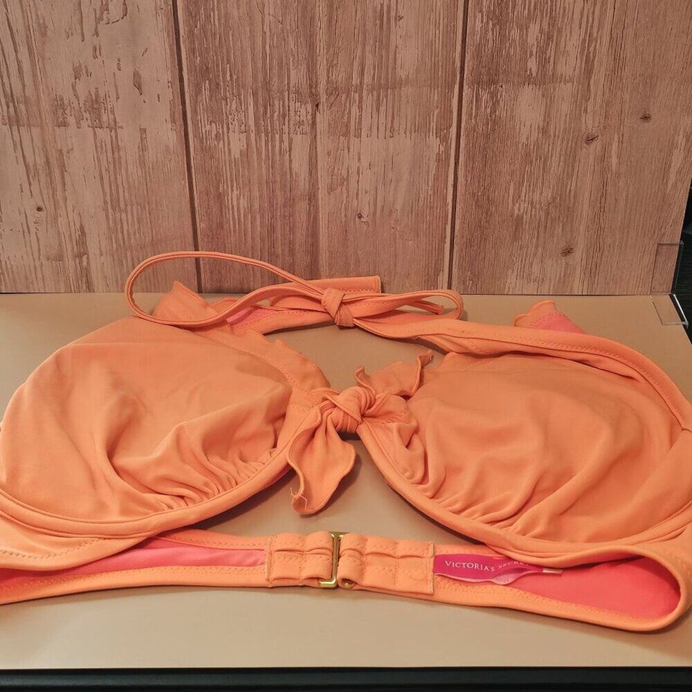 Victorias Secret Vintage 36D Orange Bikini Top With Gold Clasp Detail